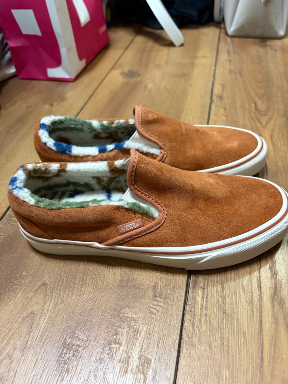 Vans Slip-On Suede Sneakers in Rust Brown with Patterned Fleece Lining